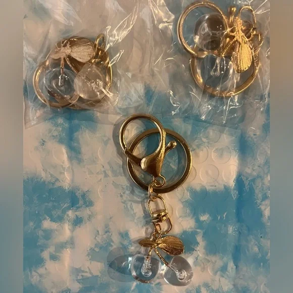 QTY 3 Gold & Clear Cherry Keychain or Bag Charm Accessories NEW - Picture 2 of 4